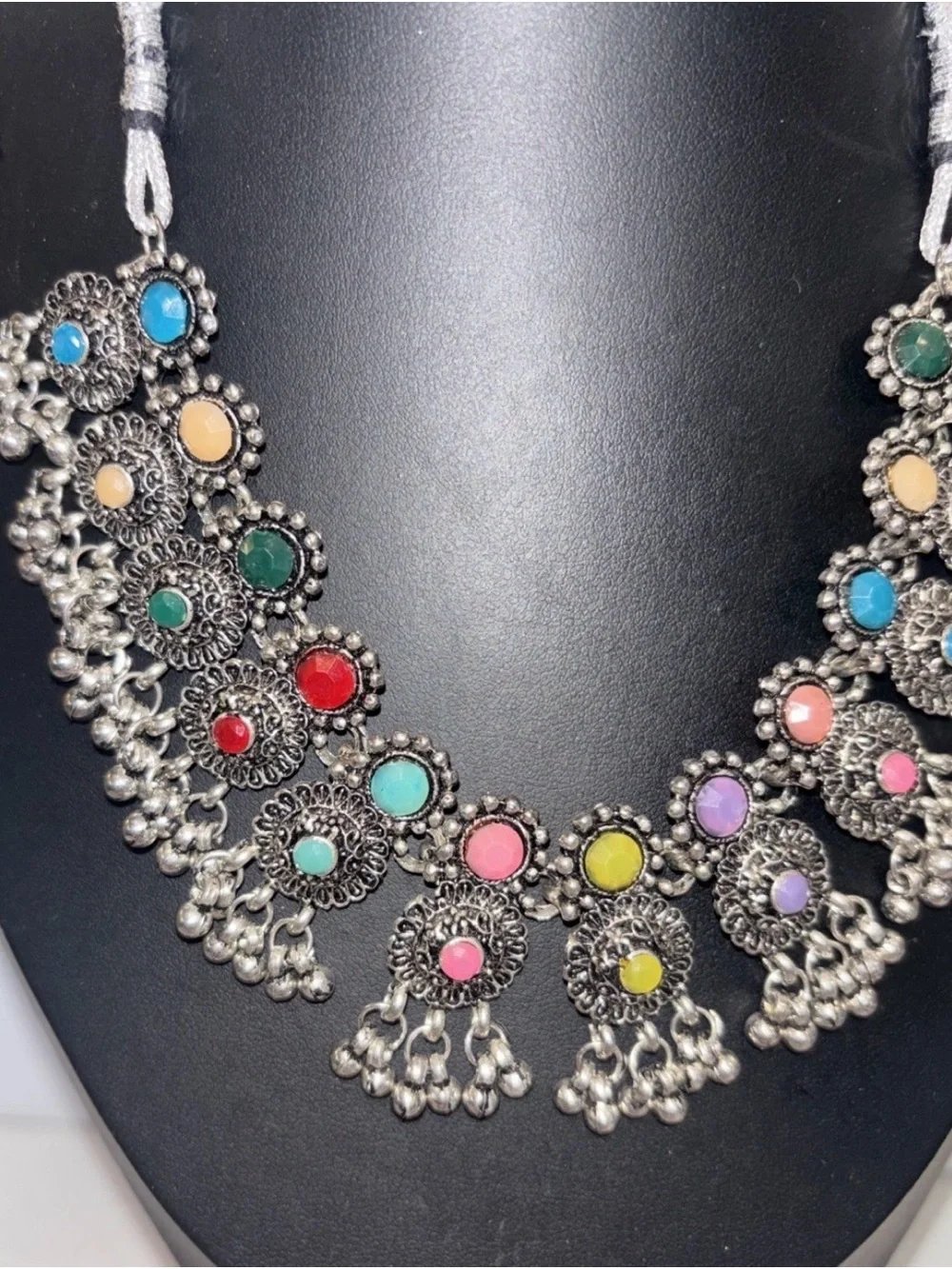 Boho Oxidized Silver Tone Statement Bib Necklace Multi Color Stone Tribal Dangle